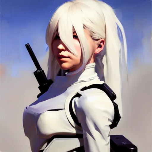 Prompt: greg manchess portrait painting of a 2 yorha type a no. 2 as overwatch character, white long hair, organic painting, sunny day, matte painting, bold shapes, hard edges, street art, trending on artstation, by huang guangjian and gil elvgren and sachin teng