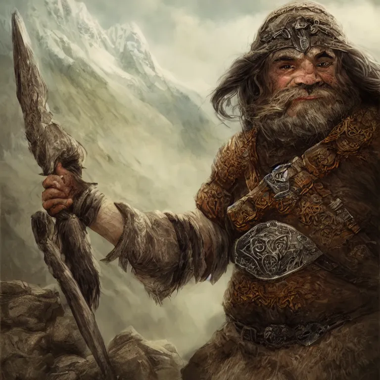 Image similar to dwarf warrior in mountains, lord of the rings style, poster, character portrait, portrait, close up, concept art, intricate details, highly detailed, full body, 8 k