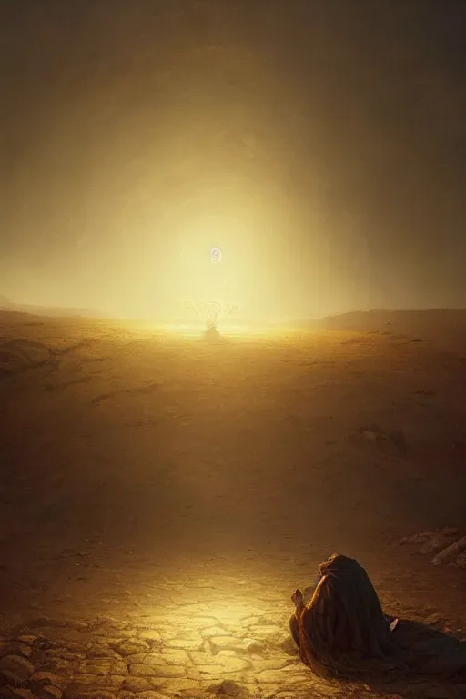 Image similar to lonely wanderer sitting at lap praying in desert, lit by the light of gods, abandoned by gods, hyperdetailed artstation cgsociety by greg rutkowski and by Gustave Dore