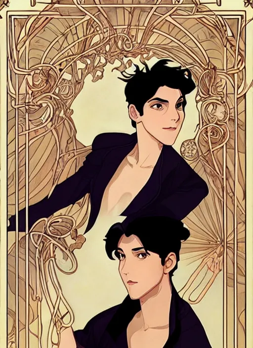 Prompt: well - lit art nouveau portrait of a young man with short black hair, natural lighting, path traced, highly detailed, high quality, cartoon, digital painting, by don bluth and ross tran and studio ghibli and alphonse mucha