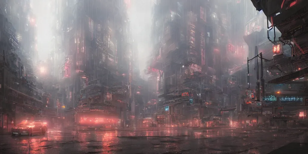 Image similar to ghostpunk futuristic japan city view by eddie mendoza and greg rutkowsi, orange glow, rain, foggy, dark, moody, volumetric lighting, dirty