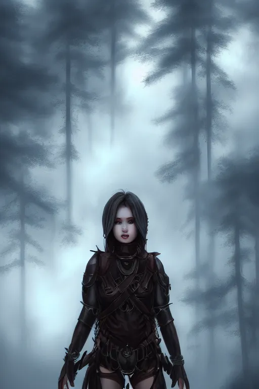 Image similar to Full shot, dramatic volumetric sunlight foggy atmospheric forest canopy scenery, girl with long incisor-fangs clad in modest hide leather armor, hyperdetailed, symmetrical face, concept art, artstation, cgsociety, 8k