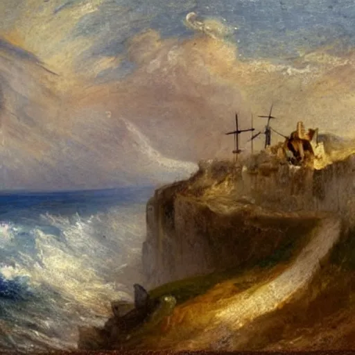 Prompt: an oil painting of small village with white house standing on top of a huge cliff by the sea, windmills, grassy hills, turner, reinstadt