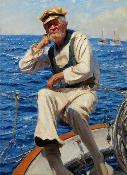 Image similar to a highly detailed old sailor portraitin a boat, by gregory manchess, james gurney, james jean