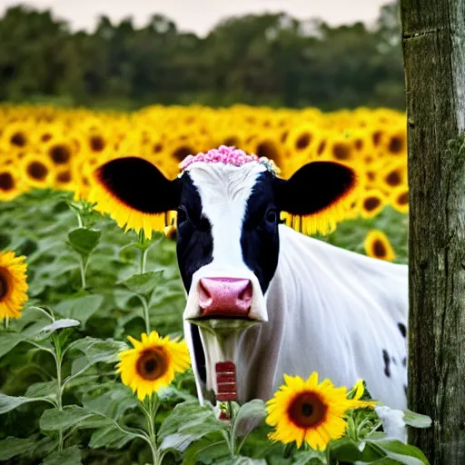 Prompt: a southern belle cow with a black and white bow on head, sunflower background, 4k, rustic colors, country style