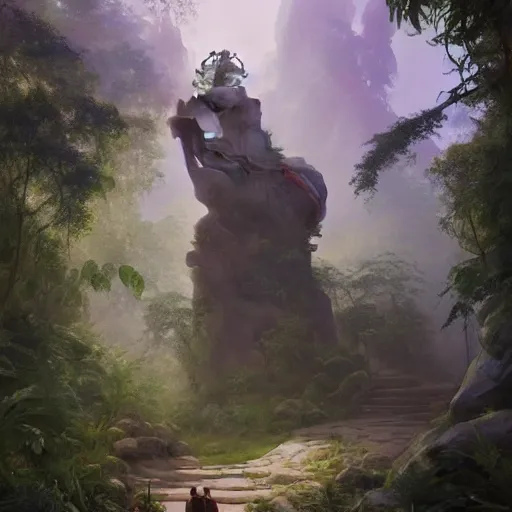 Prompt: concept art of a jungle path with a huge stone woman statue, religious, in the style of fenghua zhong and ruan jia and jeremy lipking and peter mohrbacher, mystical colors, rim light, beautiful lighting, 8 k, stunning scene, raytracing, octane, trending on artstation