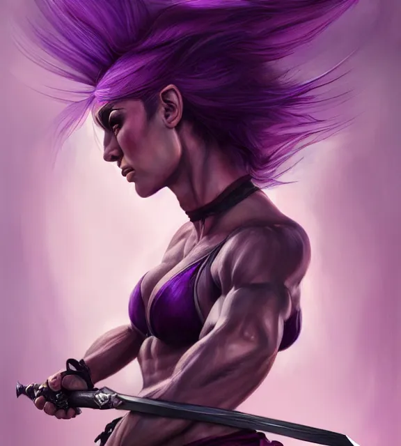 Image similar to muscular female warrior holding dagger shaft, perfect face, diadem, black halter top, purple hair, abs, cinematic, blush, stunning, athletic, strong, agile, highly detailed, psychedelic, digital painting, artstation, smooth, hard focus, illustration, art by jessica rossier and and brian froud