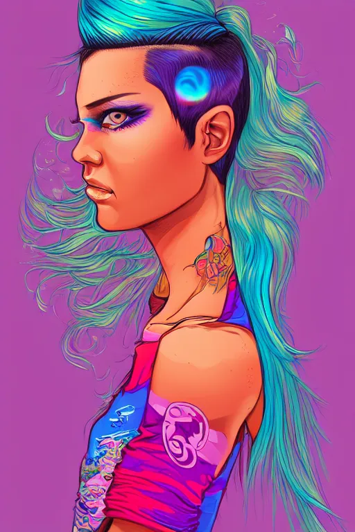 Image similar to a award winning half body portrait of a beautiful woman with stunning eyes in a printed croptop and cargo pants with rainbow colored ombre hairstyle head in motion and hair flying by josan gonzales, outrun, vaporware, shaded flat illustration, digital art, trending on artstation, highly detailed, fine detail, intricate