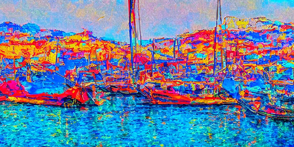 Prompt: a phoenician sailor docking his boat in the port of chartage during the punic years, intense vibrant colors, cinematic view, algorithmic art by jean - pierre hebert