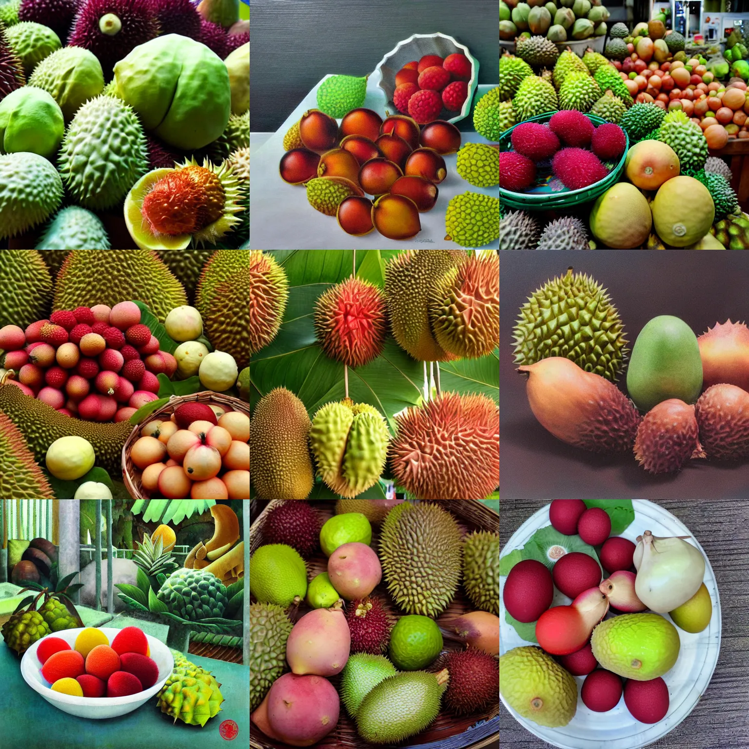 Prompt: singapore local fruits, durians, rambutans by Yip Yew Chong