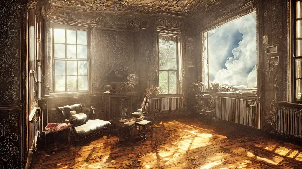 Prompt: richly decorated Victorian house, modern, beautiful, detailed wood, photorealistic, photorealism, lightning, clouds, smoke, the autumn light comes in through a window, diffuse light, vivid cybernetics