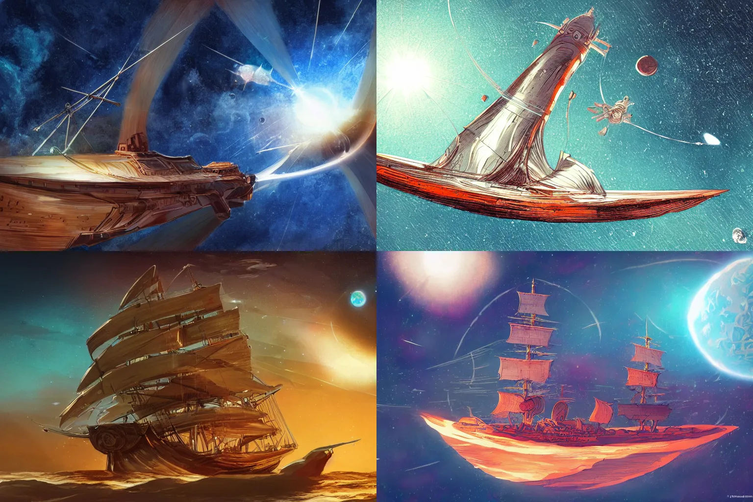 Prompt: detailed concept art of a large wooden carrack sail ship in orbit around a planet, expressive, false color star field, sci-fi, comic book art