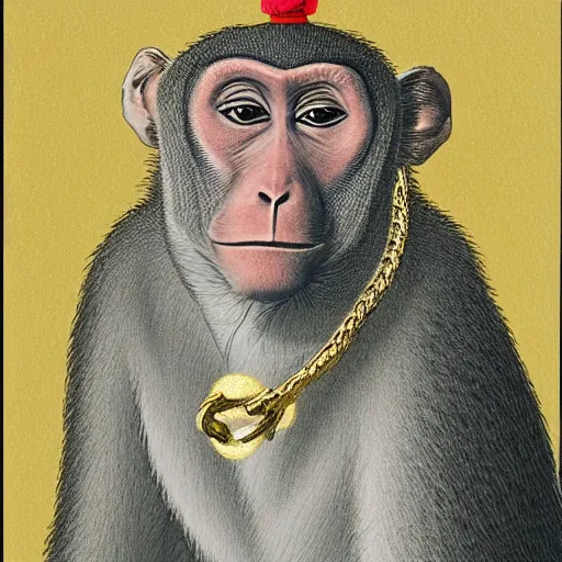 Image similar to portrait of a macaque wearing a gold chain, in the style of piccaso