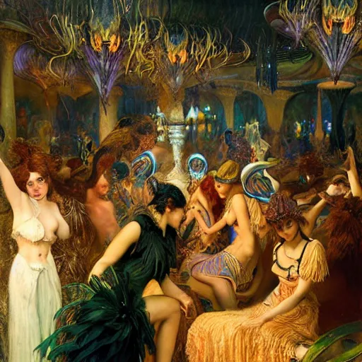 Image similar to witch controling underground edm party people, painting by gaston bussiere, craig mullins, j. c. leyendecker, lights, art by ernst haeckel, john william godward, hammershøi,