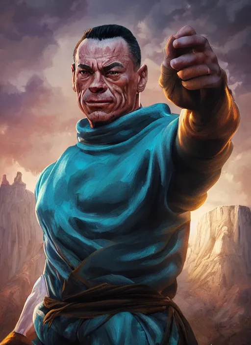 Prompt: A fantasy comic book style portrait painting of van damme as a monk, unreal 5, DAZ, hyperrealistic, octane render, RPG portrait, dynamic lighting