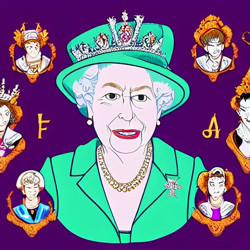 Image similar to The Queen of England Queen Elizabeth the Second in the style of Jojo's Bizarre Adventure, digital art, manga, colorful, intricate