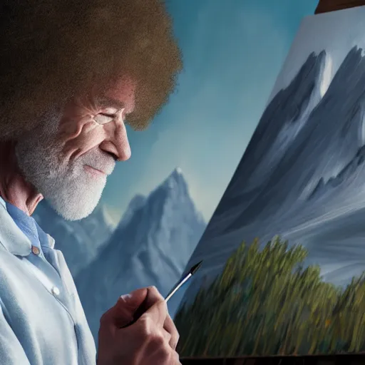 Image similar to a closeup photorealistic photograph of bob ross working on a canvas painting of spiderman. film still. brightly lit scene. mountains and trees. this 4 k hd image is trending on artstation, featured on behance, well - rendered, extra crisp, features intricate detail, epic composition and the style of unreal engine.