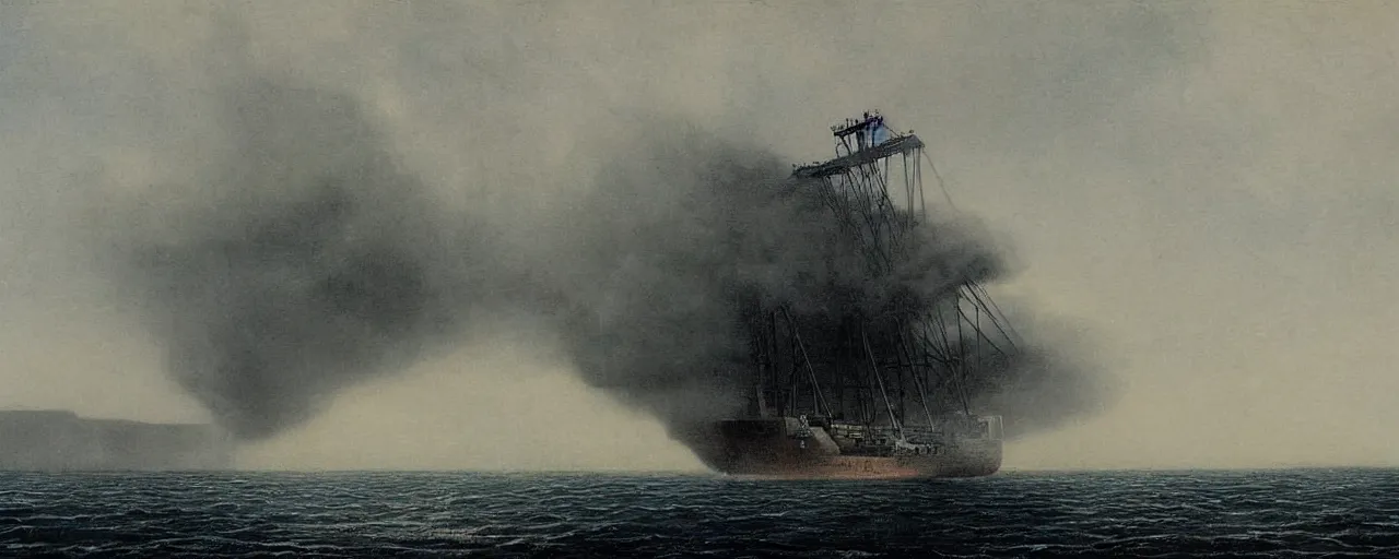 Prompt: container ship containership colossus near misty black cliffs over steamy water by Fernand Khnopff, matte painting