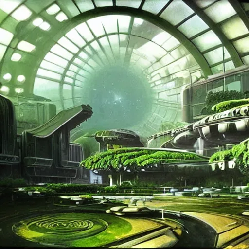 Image similar to beautiful matte painting of green gardens on a futuristic sci-fi space station, cinematic angle, cinematic lighting, by Syd Mead, John Harris, Federico Pelat