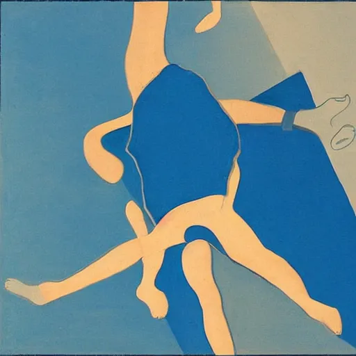 Image similar to different parts of human bodies lie in different places of the blue room, in style of mihail larionov, avant - garde.