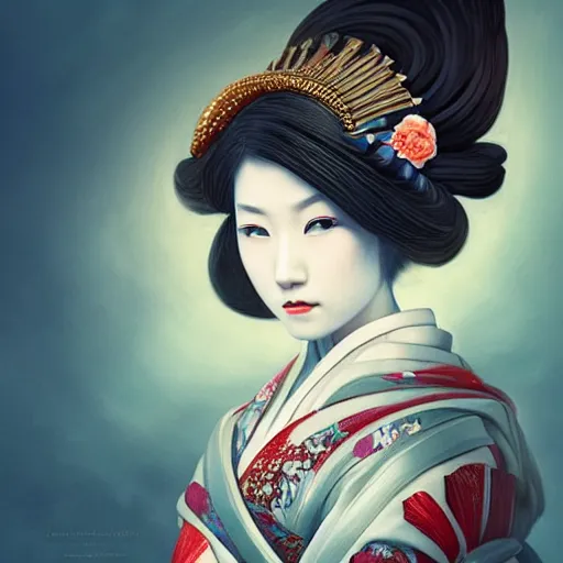 Image similar to Very very very very highly detailed epic central composition studio photography of A Japanese geisha, intricate, medieval, extremely detailed, digital painting, artstation, concept art, smooth, sharp focus, illustration, studio lighting, incredible art by Anna Dittmann and Anton Pieck