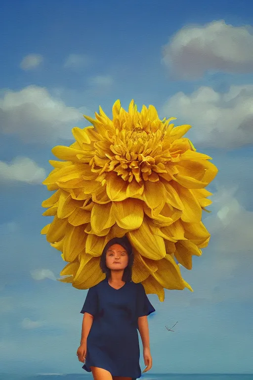 Image similar to closeup girl with huge yellow dahlia flower face, walking on beach, surreal photography, blue sky, sunrise, dramatic light, impressionist painting, digital painting, artstation, simon stalenhag