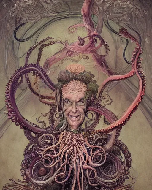 Prompt: centered horific detailed front view portrait of a crazy old woman with ornate tentacles growing around, ornamentation, flowers, elegant, beautifully soft lit, full frame, by wayne barlowe, peter mohrbacher, kelly mckernan, h r giger