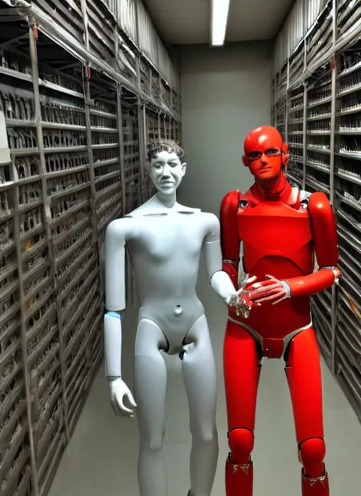 Prompt: a humanoid robot with an adult male human looking face is the statue david by michelangelo, polaroid, flash photography, photo taken in a dark storage room where you can see empty shelves in the background,