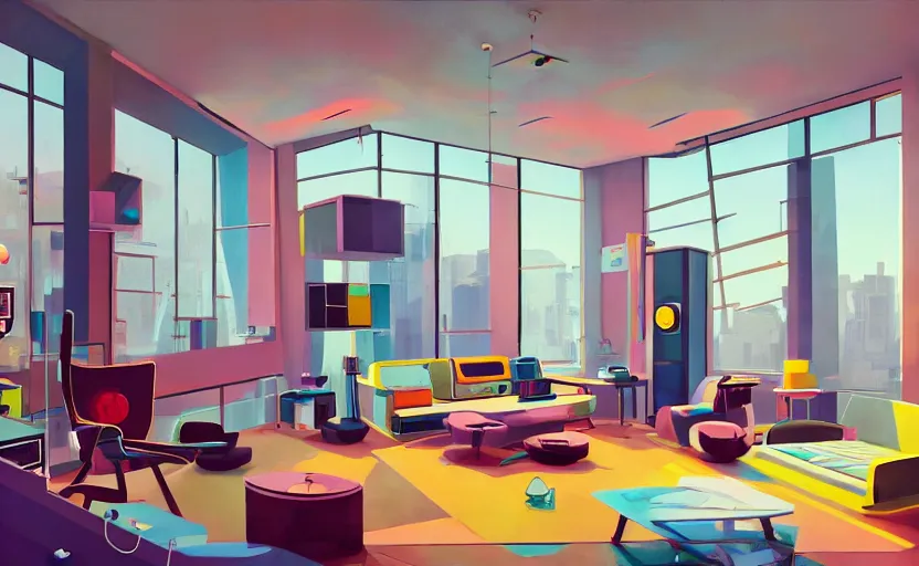 Image similar to Interior shot of a futuristic brutalist studio apartment with computers and colourful furniture by Petros Afshar and Beeple, James Gilleard, Mark Ryden, Wolfgang Lettl highly detailed