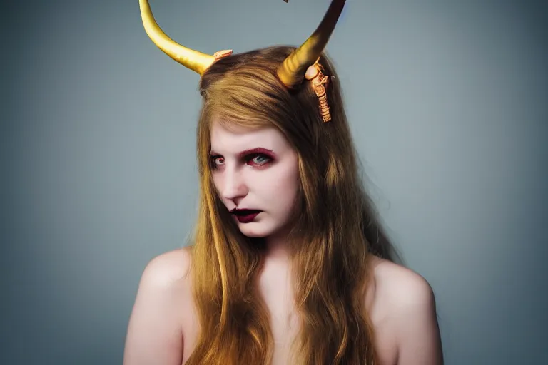 Prompt: pretty demon girl with horns photograph in the style of clemens ascher, colorful, realistic, 8 k, portrait, ambient lights,