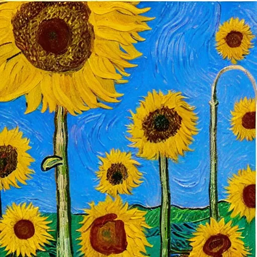 Image similar to field of sunflowers with one standing taller than the rest, in the style of van gogh