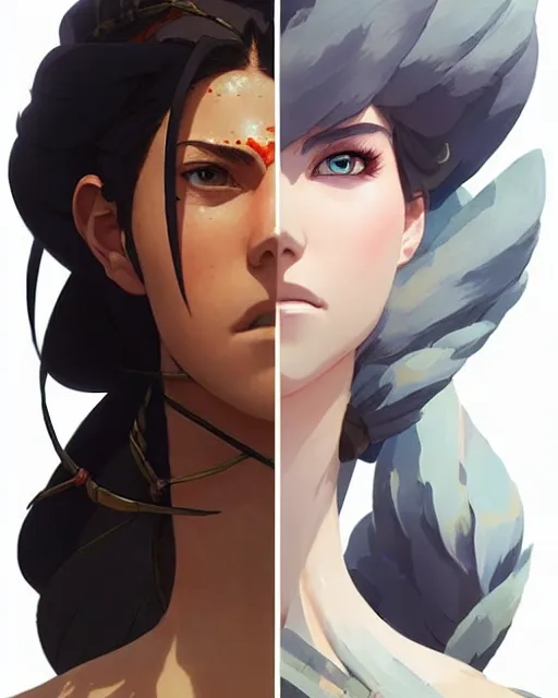 Image similar to azctec warrior, actress julia fox, detailed perfect face, exquisite details, fire magic, mid view, design on a white background, by studio muti, greg rutkowski makoto shinkai takashi takeuchi studio ghibli