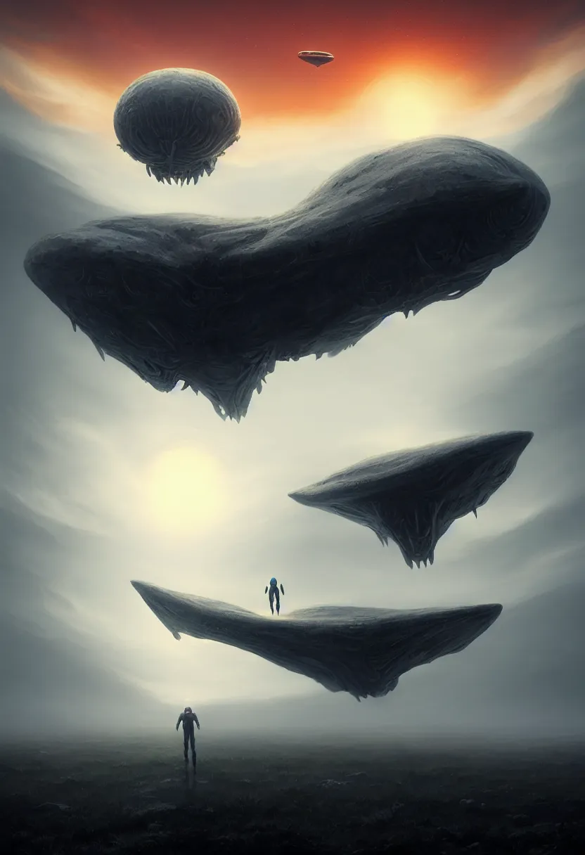 Image similar to strange alien creature flying up, autumn sunset, white background, ultra high definition, ultra detailed, symmetry, fog, matte painting, by greg rutkowski and ross tran and wlop