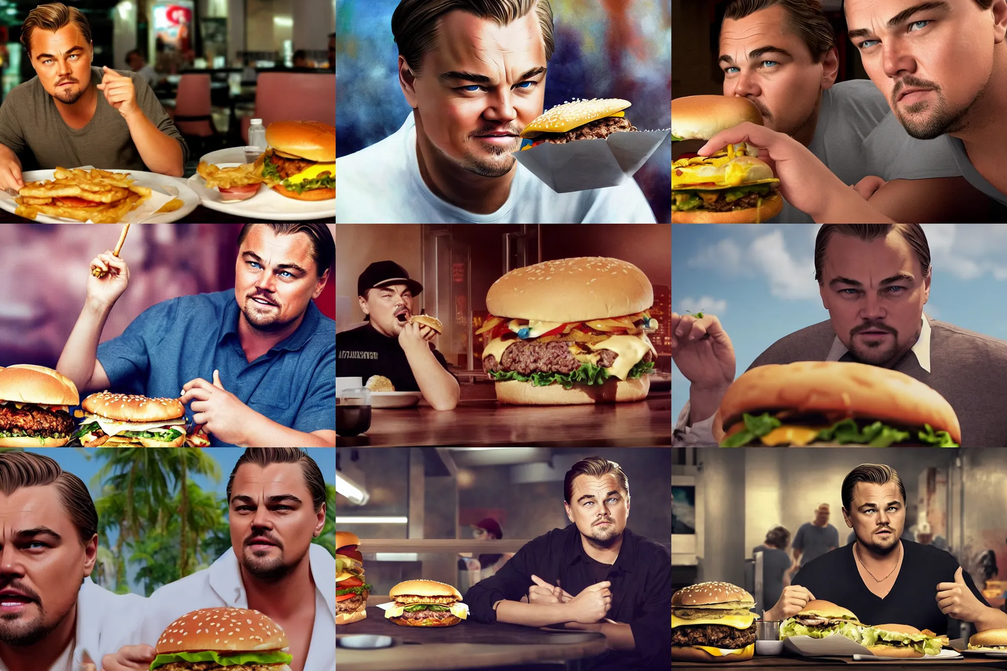 Prompt: fat Leonardo DiCaprio eating big hamburger in Miami, photorealistic, artstation, 8k