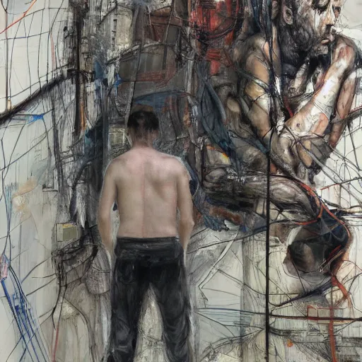 Prompt: a lone lost man in a dark cyberpunk future, by kent williams, lucian freud and jenny saville, wires machines, city