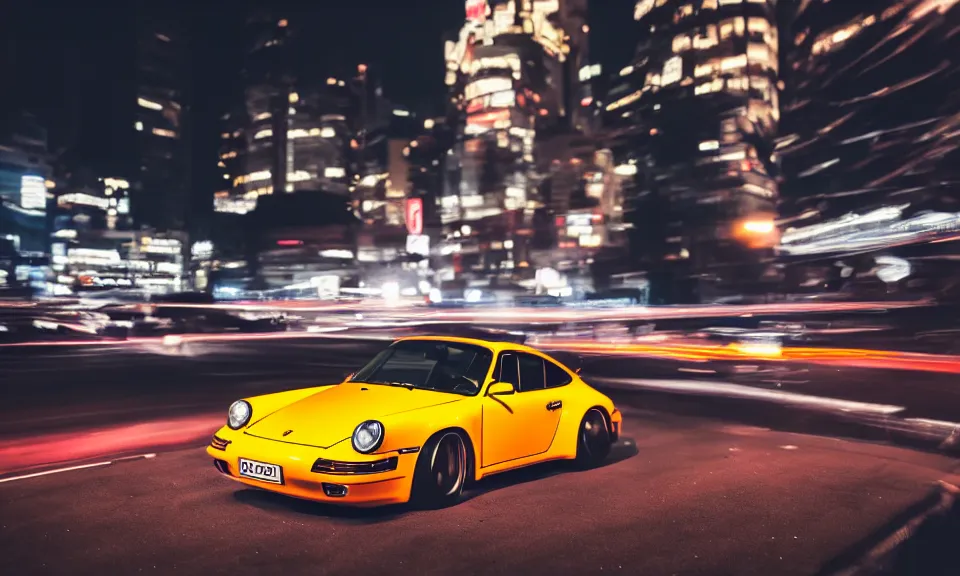 Image similar to photo of a porsche 911 at night driving fast through a city, cinematic, 4k, long exposure photography, tokyo drift, fast and furious, kodak portra 400