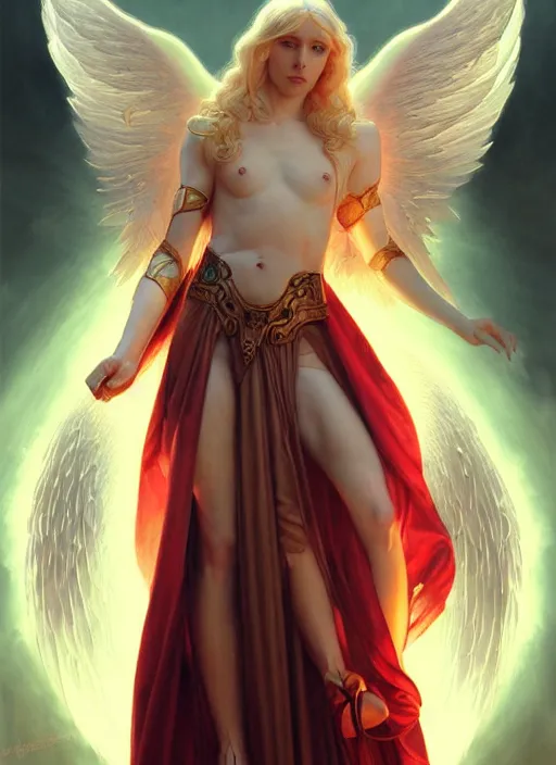 Prompt: the pale blond male angel of battle lucius smirking, sci fi, glowing eyes, volumetric lights, red and cyan theme, art nouveau botanicals, intricate, highly detailed, digital painting, artstation, concept art, smooth, sharp focus, cinematic, illustration, beautiful face, art by artgerm and greg rutkowski and alphonse mucha