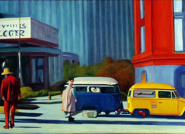 Prompt: detailed painting two young men and women near blue vw bus by edward hopper, bernardo bertolucci dreamers movie scene