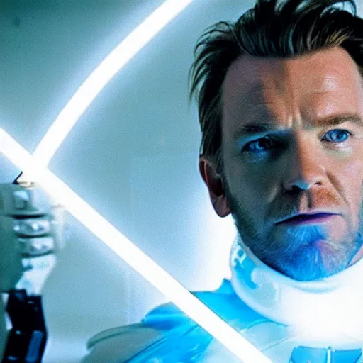 Prompt: film still of ewan mcgregor as a force ghost, star wars, blue ghost, transparent, epic lighting, highley detailled, kodak film