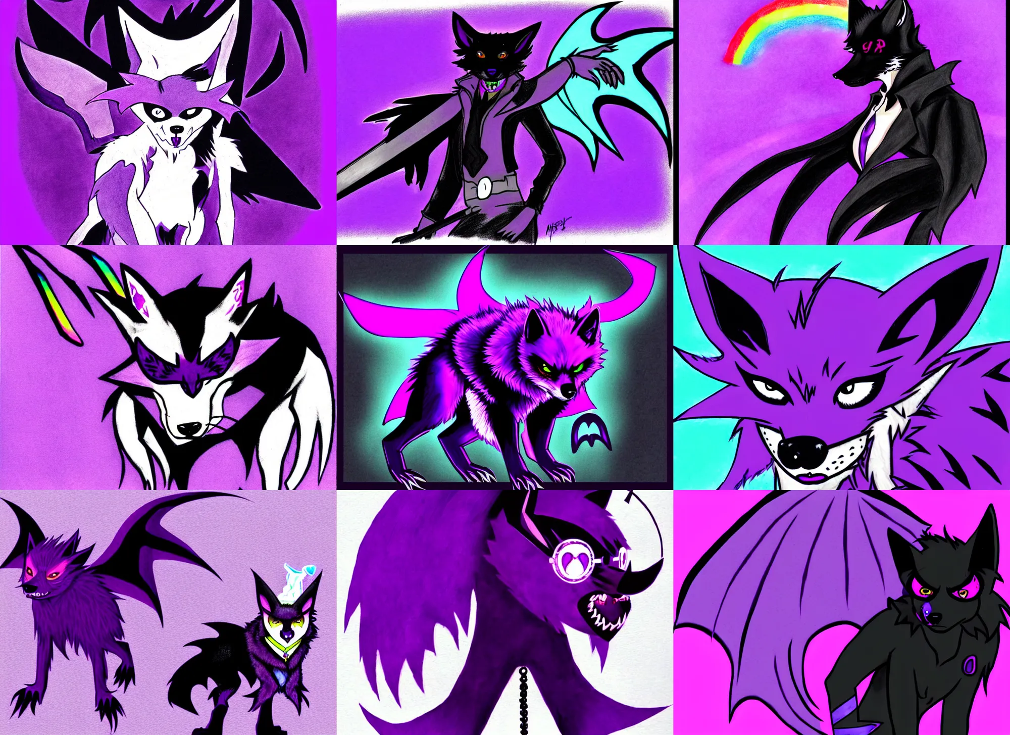Prompt: a purple wolfbat fursona with an eyepatch and a rainbow tail, drawn in a noir style, reminescent of max payne and ghost in the shell, style of purple rain album cover ( by prince ), dark colors