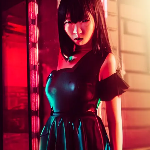 Image similar to asian goth in shinjuku, dark dress, cyberpunk, fashion, biomech, red and turquoise lights, black - red - turquoise - lips, conceptart, highlights, symmetrical, portrait, pretty face, octane, unreal, realism