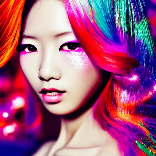 Image similar to japanese model with maximalist hair style and makeup, bright colors, fashion model, portrait shot, glitter, depth of field, 8 k, hyper detailed, intricate, trending on artstation