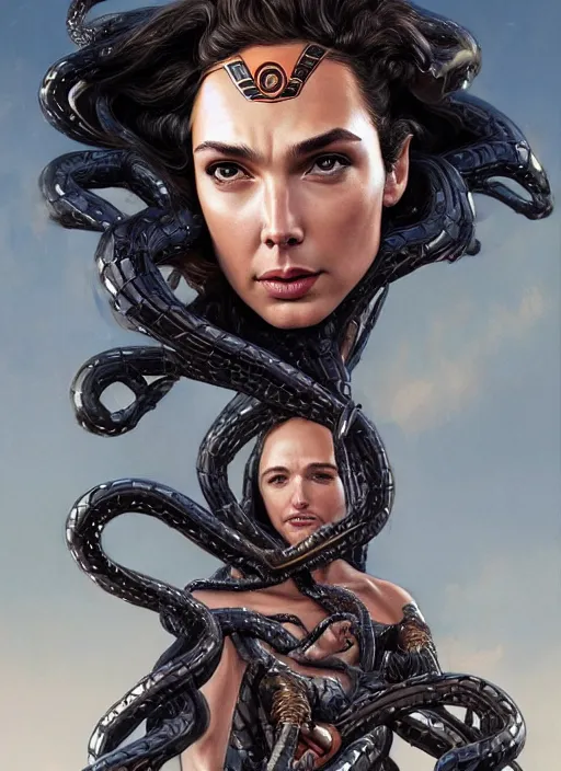 Image similar to Medusa Gal Gadot, mechanical snakes of different sizes, detailed face, very detailed, dramatic lighting, electrical details, high details, 4k, 8k, trending on artstation, by Greg Rutkowski, Wayne Barlowe, Hajime Sorayama and Boris Vallejo