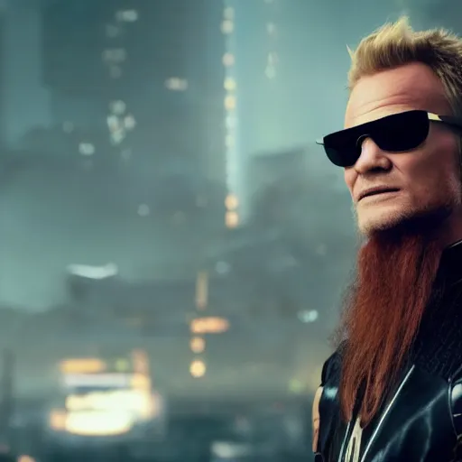 Prompt: futuristic cyberpunk viking in a expensive suit, wearing sunglasses, portrayed by neil patrick harris