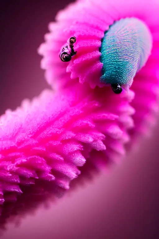 Image similar to high quality macro photo translucent fluffy caterpillar! gorgeous highly detailed hannah yata elson peter cinematic pink lighting high quality low angle hd 8k sharp shallow depth of field
