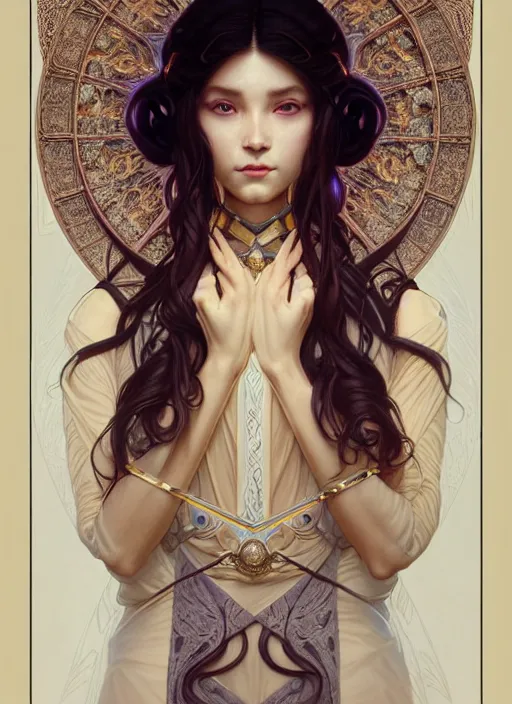 Image similar to symmetry!! portrait of a female sorcerer, dar fantasy, intricate, elegant, highly detailed, my rendition, digital painting, artstation, concept art, smooth, sharp focus, illustration, art by artgerm and greg rutkowski and alphonse mucha and huang guangjian and gil elvgren and sachin teng