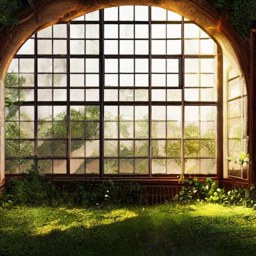 Prompt: abandoned library with overgrown vegetation growing through the window, sunbeams, soft glow, epic lighting, 6 k, trending on artstation