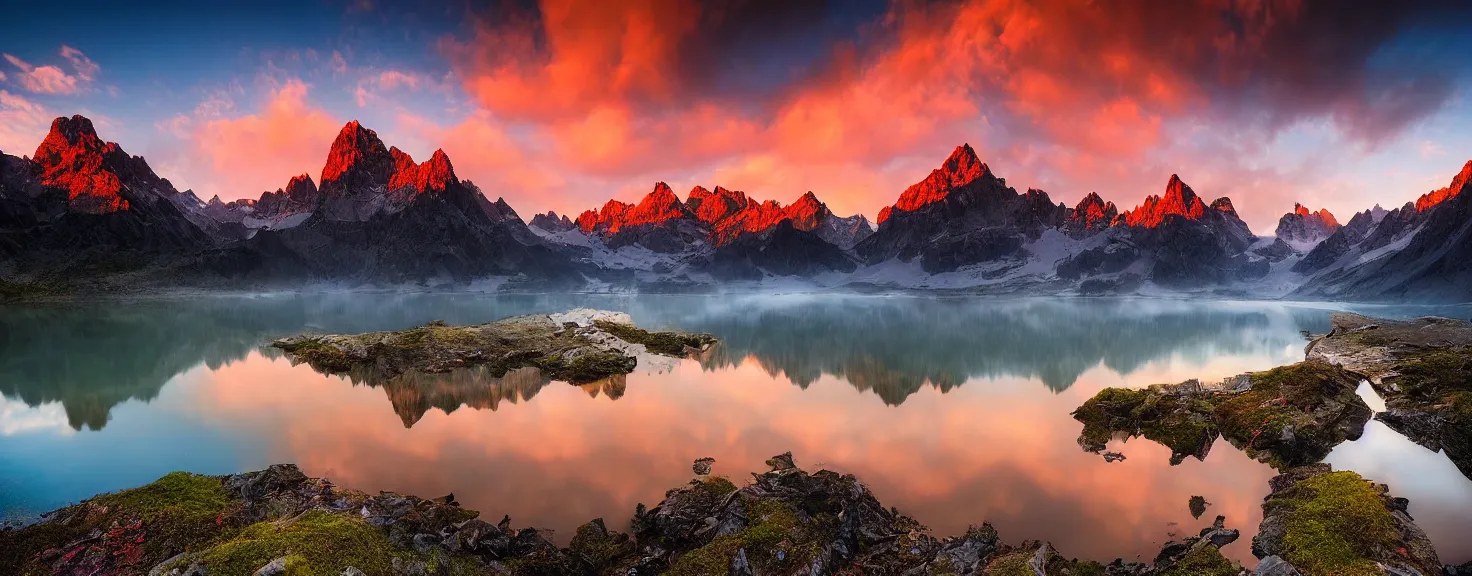 Image similar to amazing landscape photo of mountains with lake in sunset by marc adamus, beautiful dramatic lighting