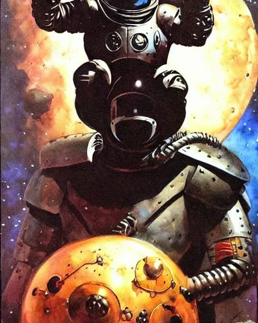 Prompt: portrait of a goth astronaut wearing armor by simon bisley, john blance, frank frazetta, fantasy, barbarian