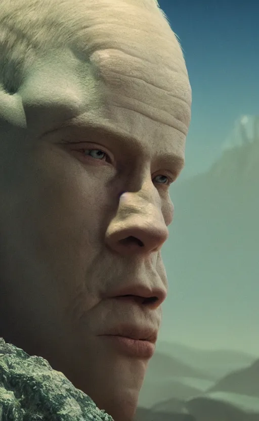 Image similar to extremely detailed cinematic movie still 3 0 7 7 portrait shot of a god of rainbow 2 5 years old white man hyperreal skin face at the mountain top by denis villeneuve, wayne barlowe, simon birch, marc simonetti, philippe druillet, beeple, bright volumetric sunlight from remote star, rich moody colors, closeup, bokeh